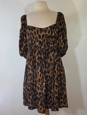 By Together Leopard Print Black & Brown Puff Sleeve Mini Dress L
